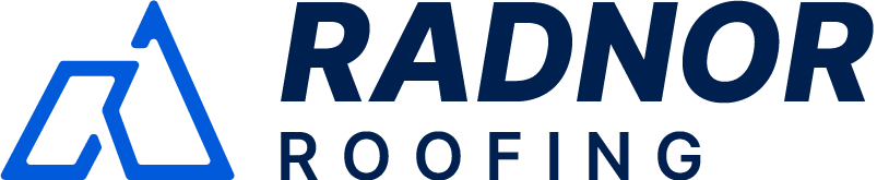 Logo for Radnor Roofing featuring a stylized blue graphic resembling a roof next to the company name in bold navy text.