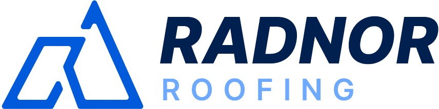 Radnor Roofing logo featuring a stylized blue roof icon to the left of the company name in bold, dark and light blue text.